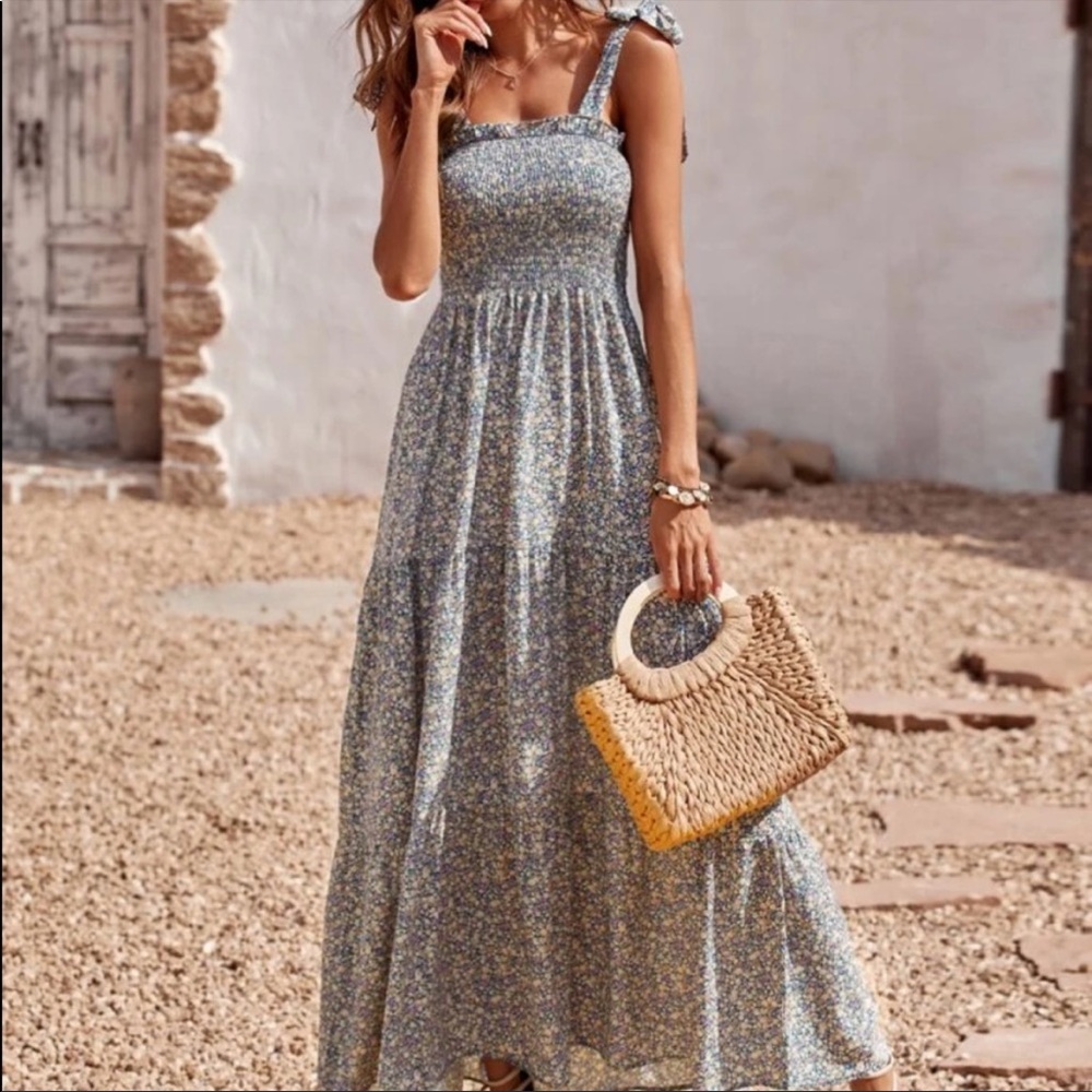 Boho floral tie shoulder shirred ruffle hem dress - Picture 5 of 13